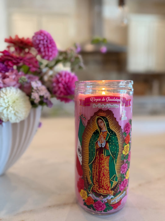 Pink Virgencita candle