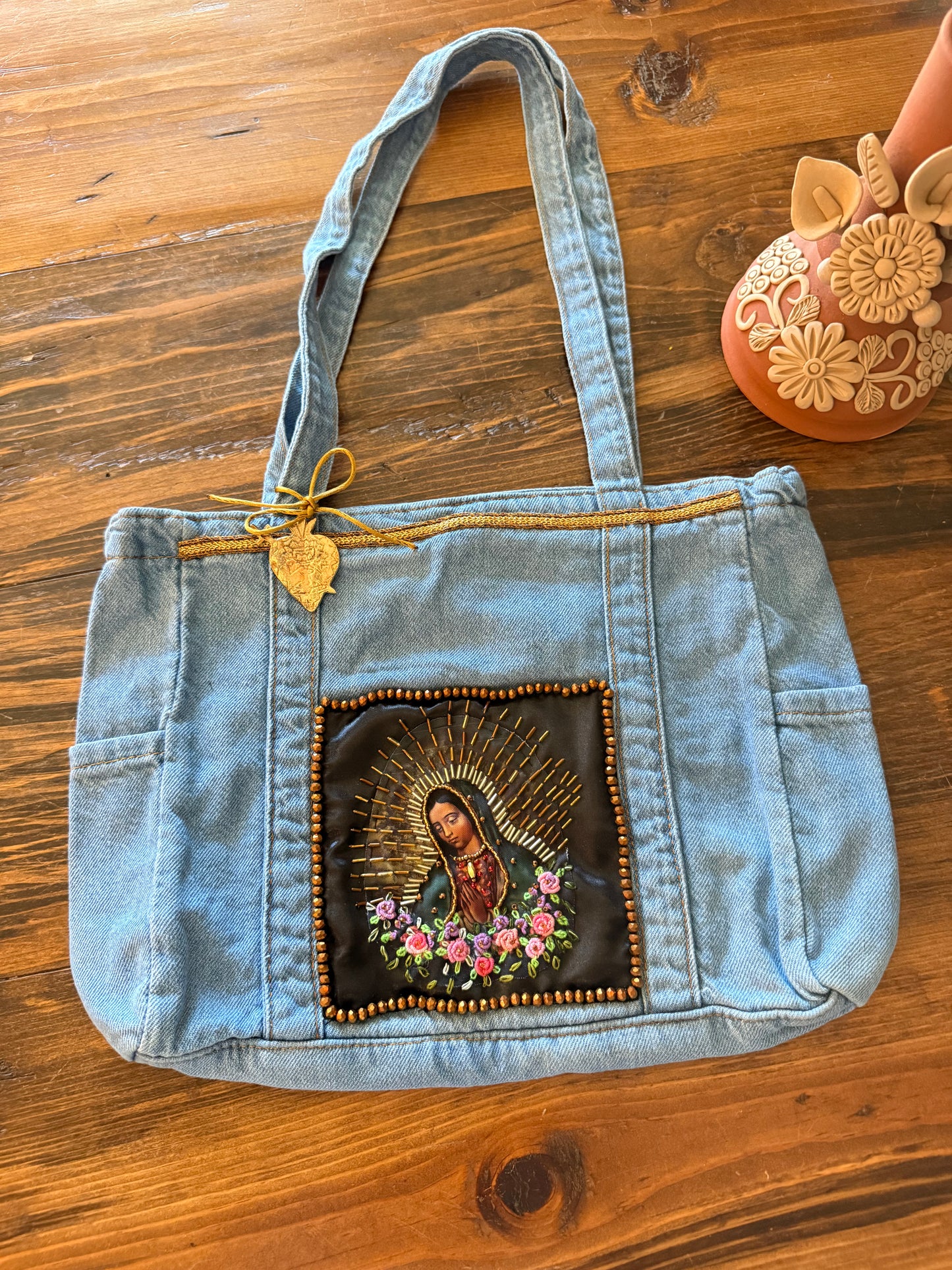 denim virgencita tote bag #1