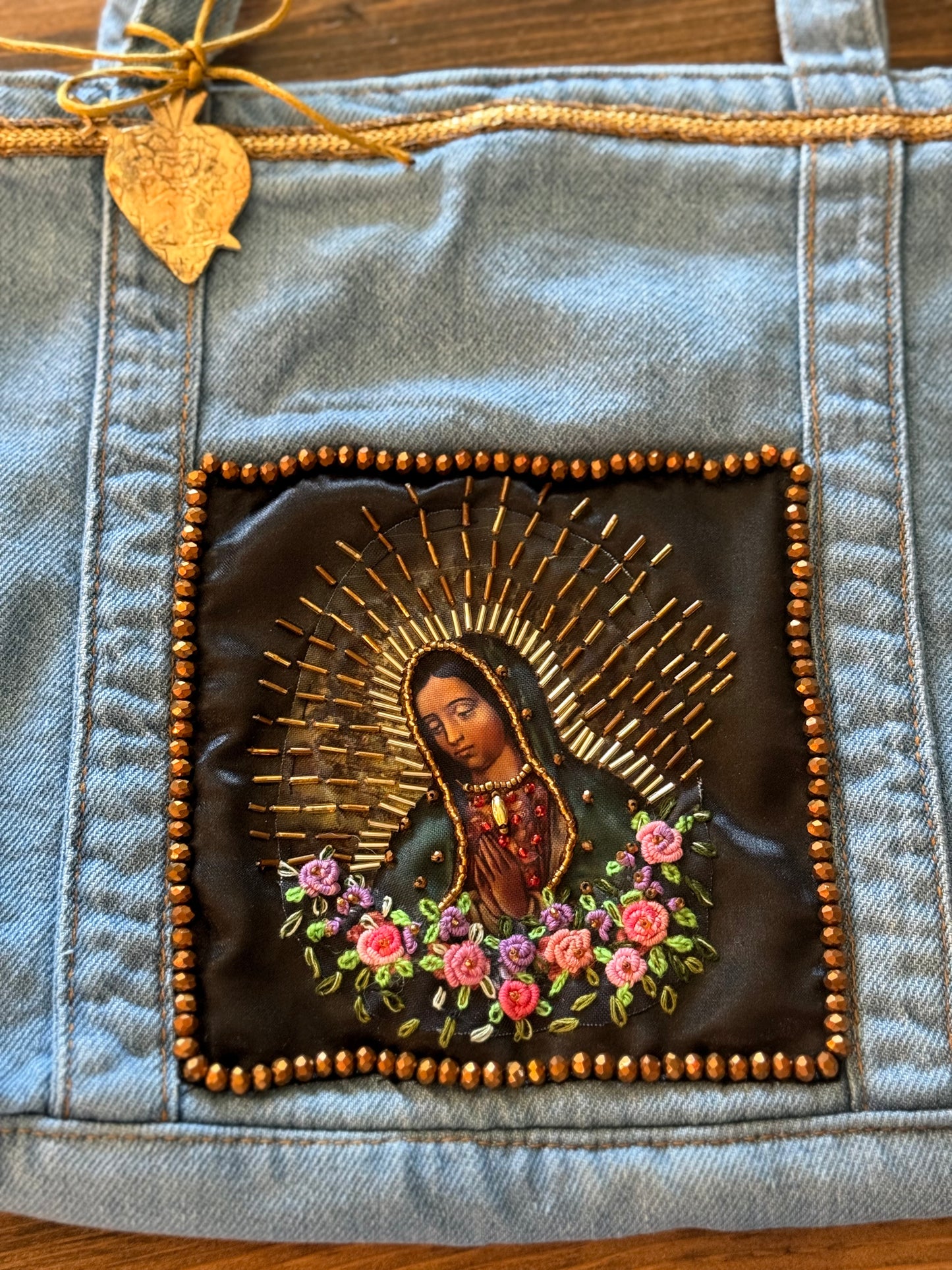 denim virgencita tote bag #1