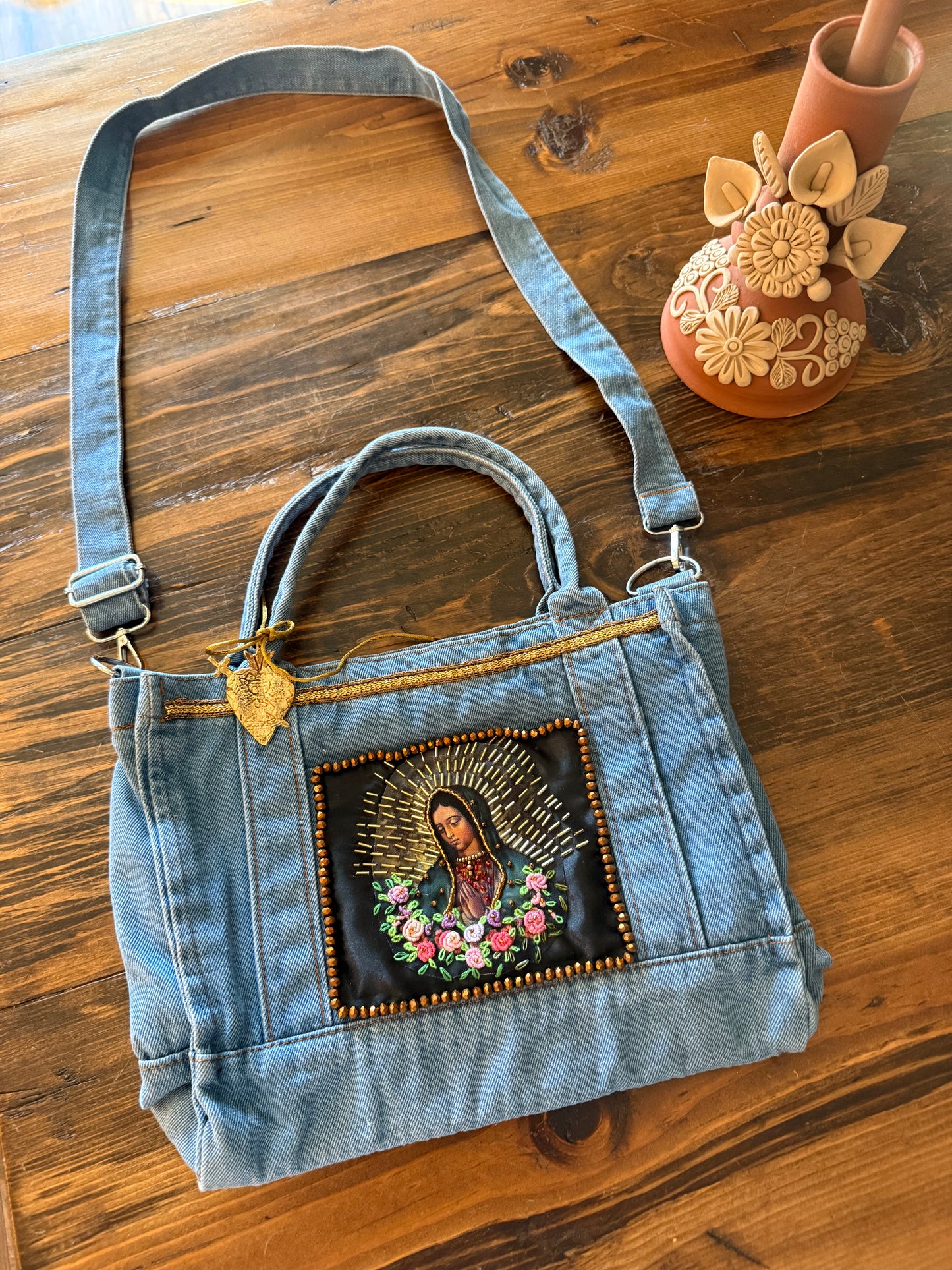 denim virgencita tote bag #3
