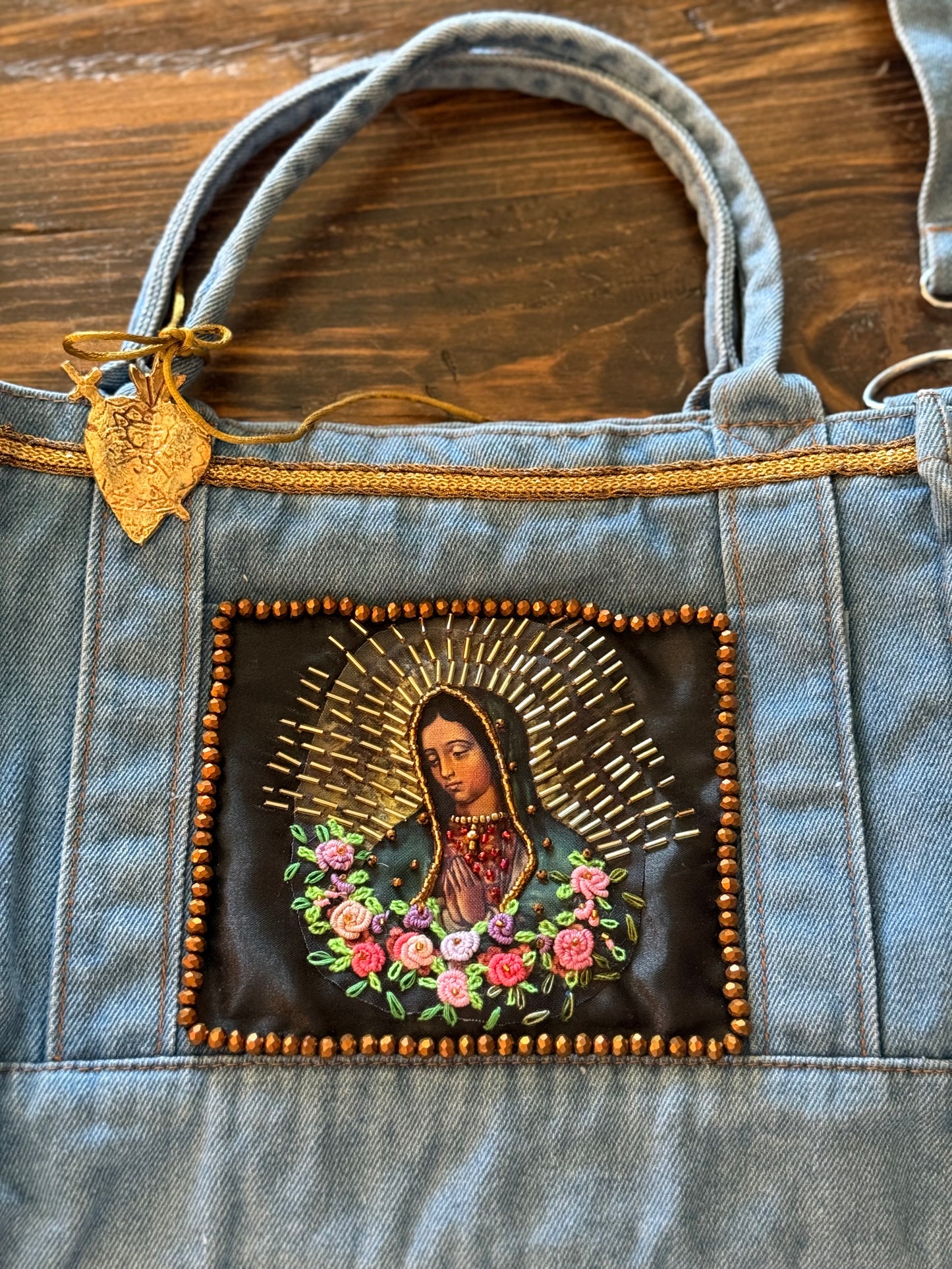 denim virgencita tote bag #3