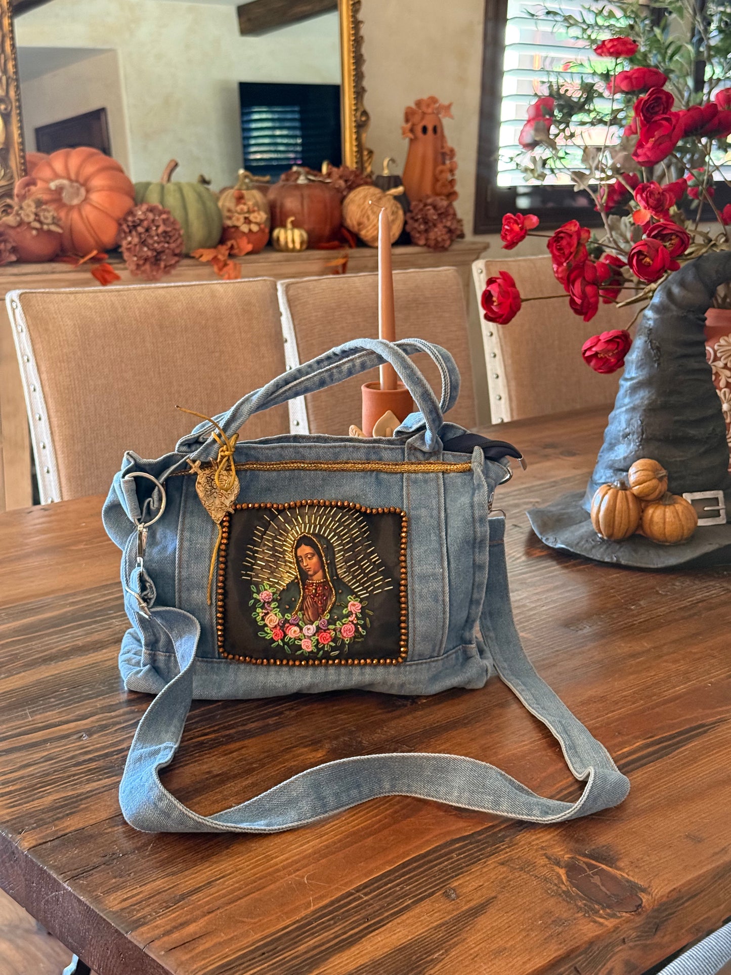 denim virgencita tote bag #3